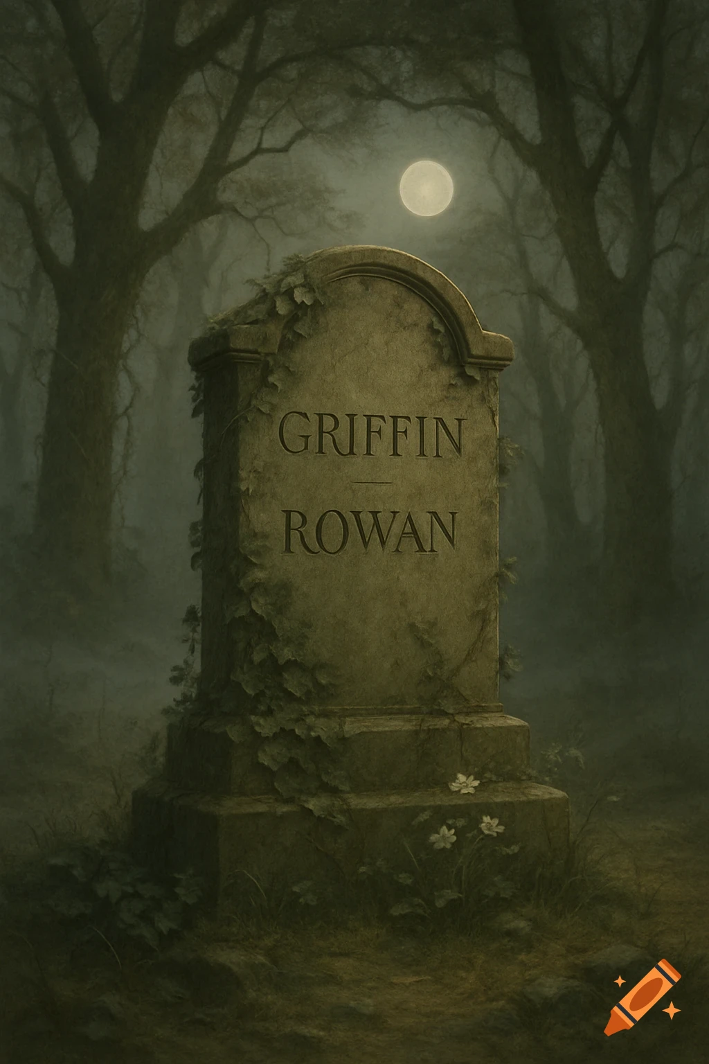 A weathered tombstone with 'Griffin Rowan' etched on it, covered in vines, in a misty, dark forest under a full moon.