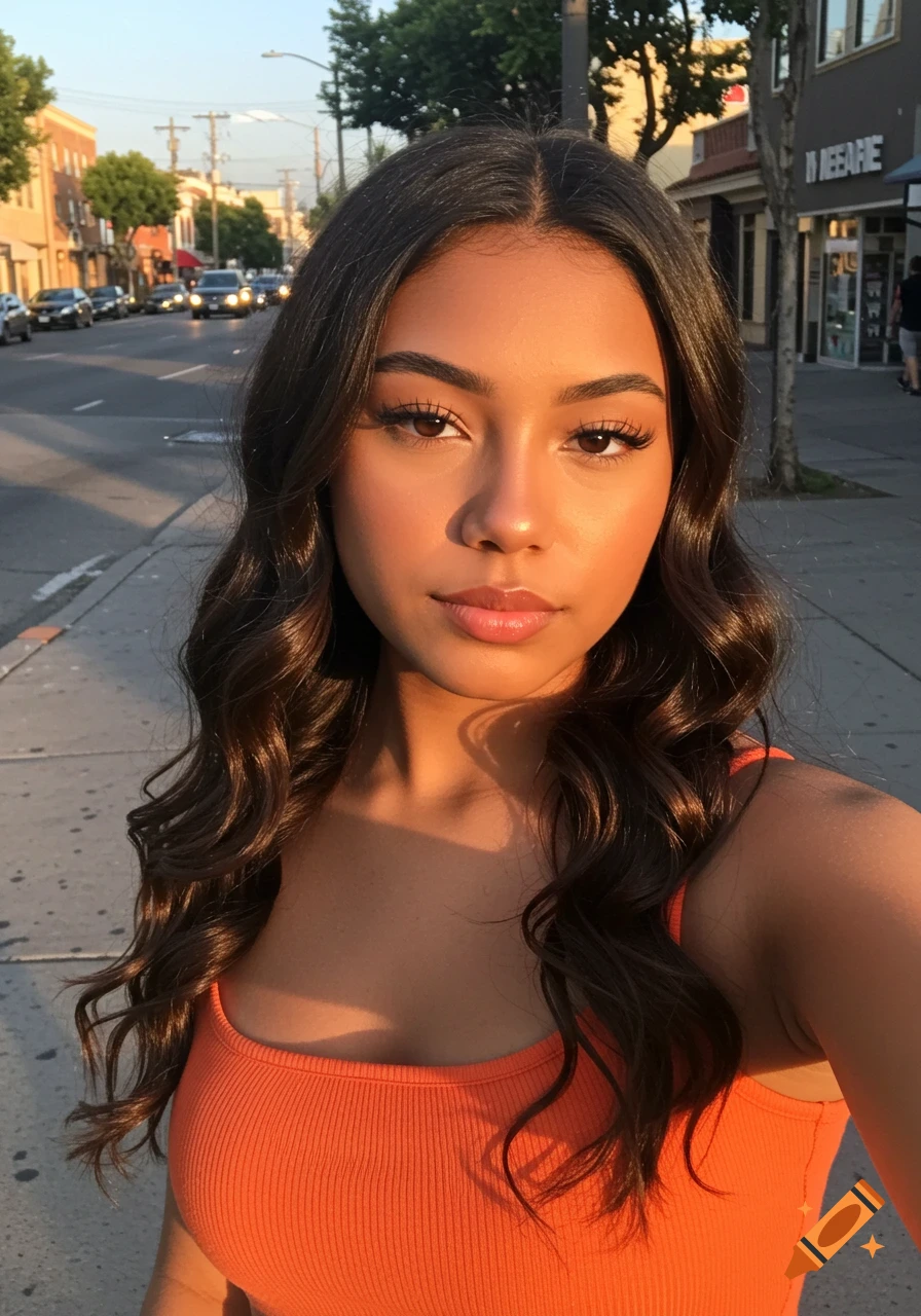 A close-up selfie of a young Hispanic woman with long wavy dark hair, wearing an orange top, standing on a sunny city street.