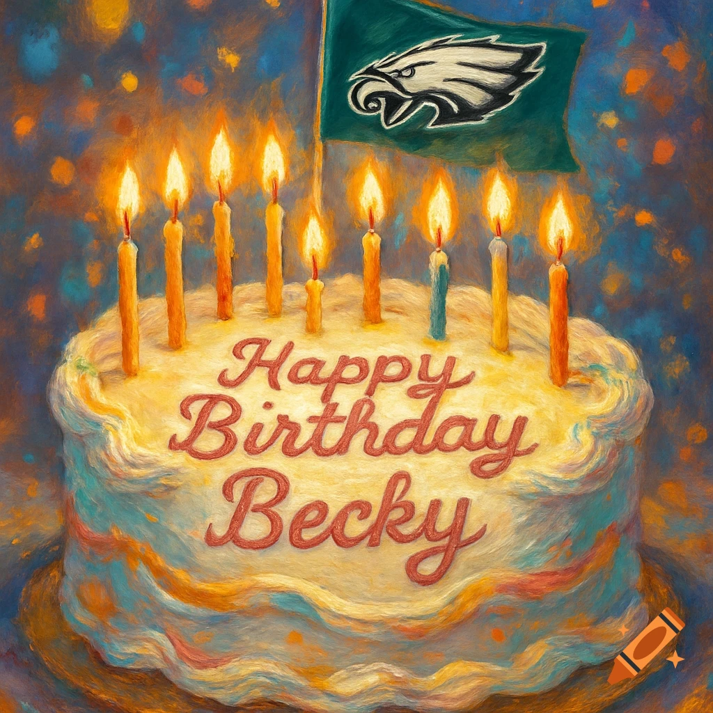 A painterly birthday cake with lit candles, 'Happy Birthday Becky' written on it, and a Philadelphia Eagles flag on top.