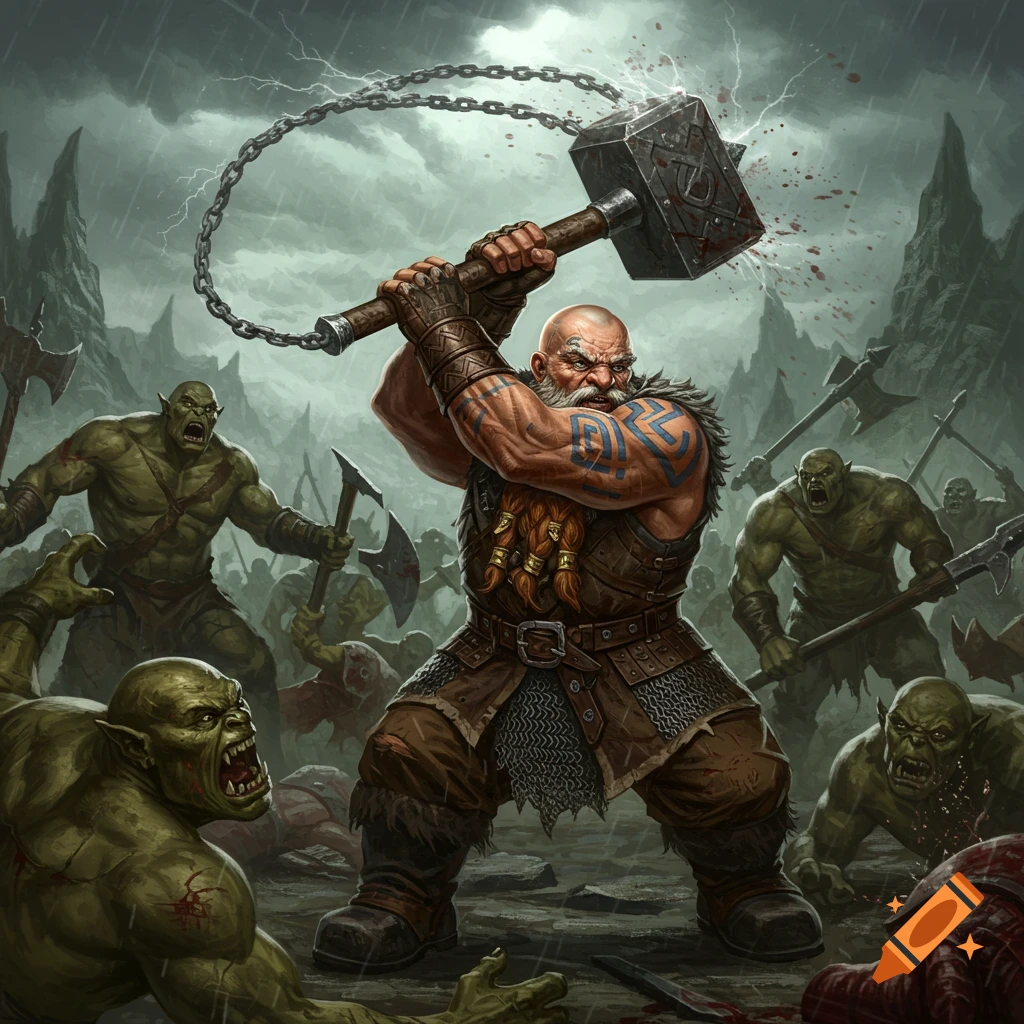 An enraged dwarf with a white beard and blue tattoos swings a massive warhammer amidst a chaotic battle with green-skinned orcs under a stormy, lightning-filled sky.