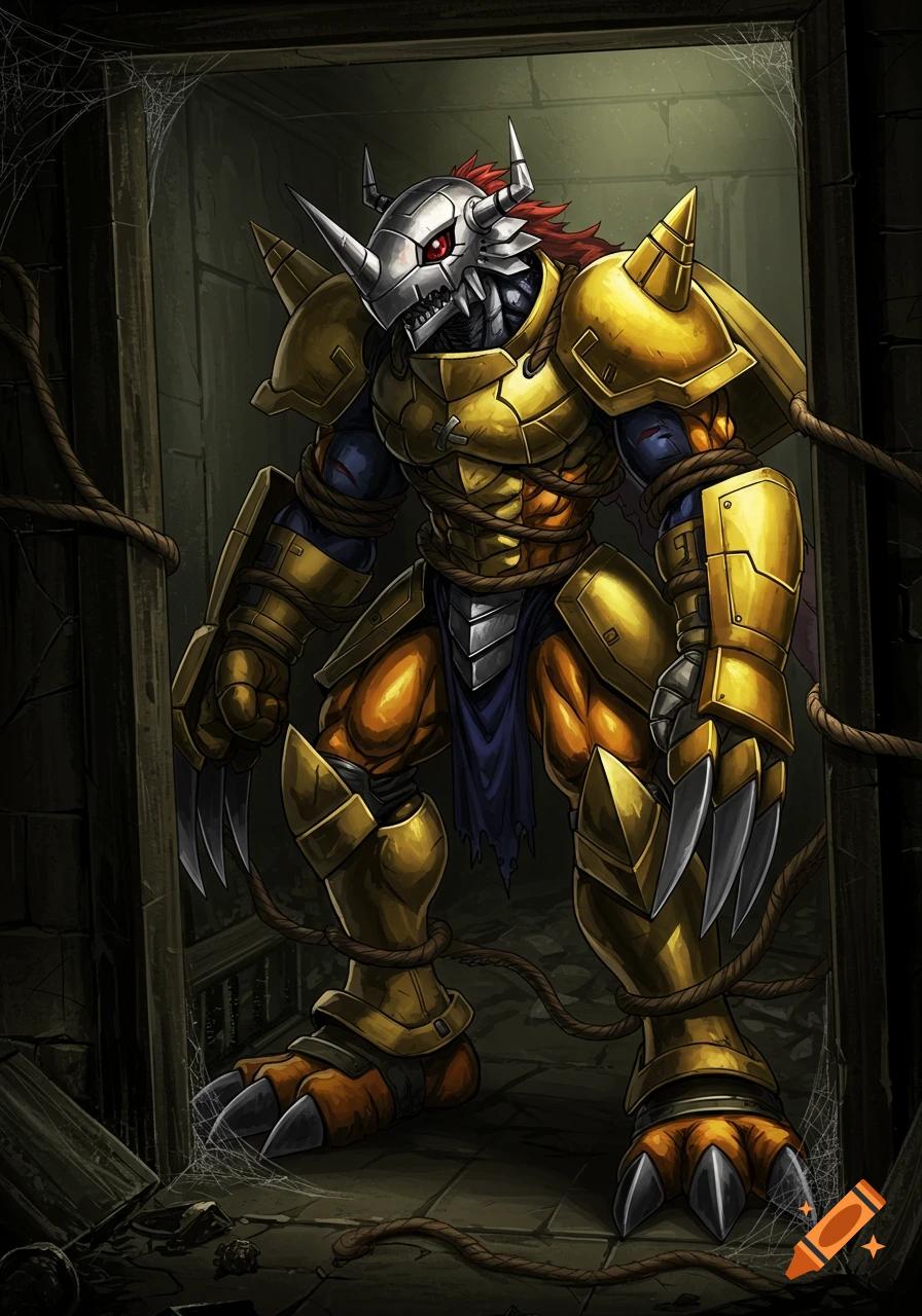 A detailed illustration of Wargreymon, a large, gold-armored monster with a silver-horned mask and red hair, tied with ropes in a dark, cobweb-filled closet.