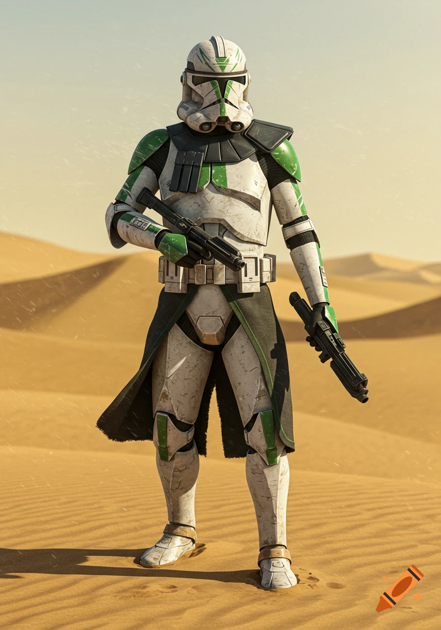 A detailed photorealistic image of a green-marked Phase II Clone Trooper holding two blaster rifles in a sandy desert.