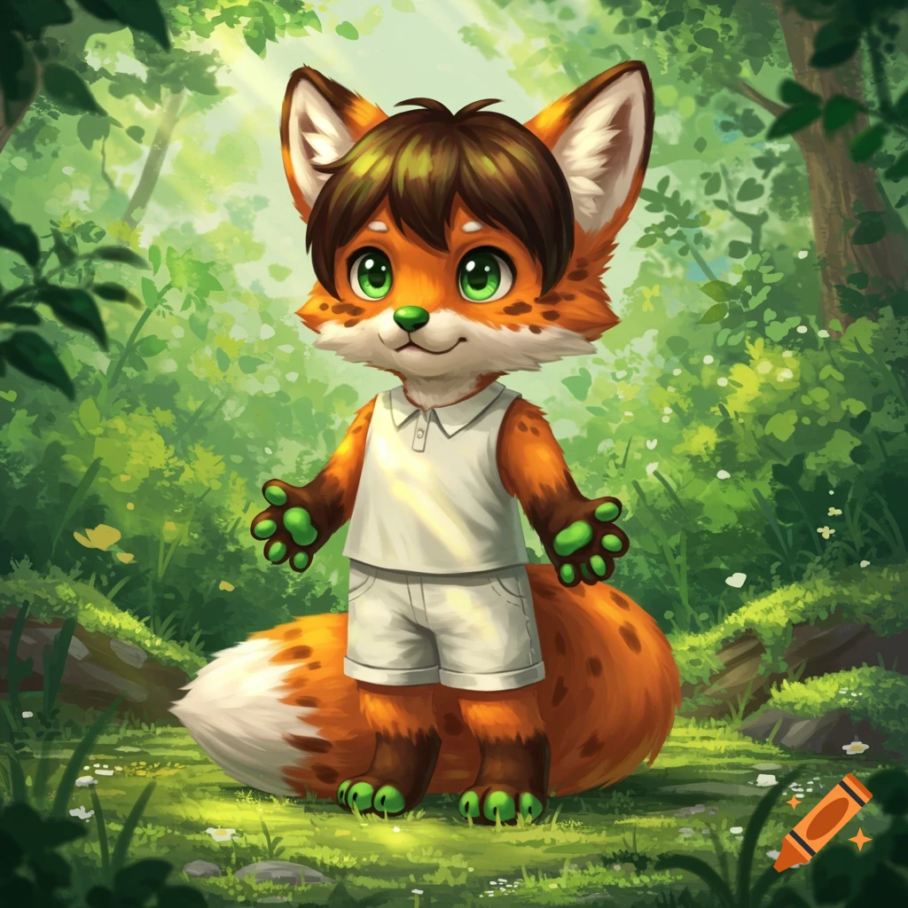 A cute anthropomorphic baby fox with green eyes, dark brown hair, and green paw pads, wearing a white polo and shorts, stands in a lush forest.