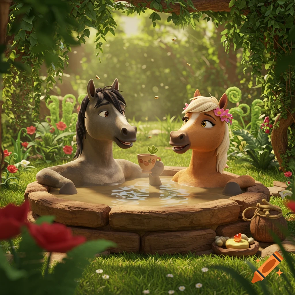 Two happy animated horses relaxing in a mud hot tub in a sunny, green forest.