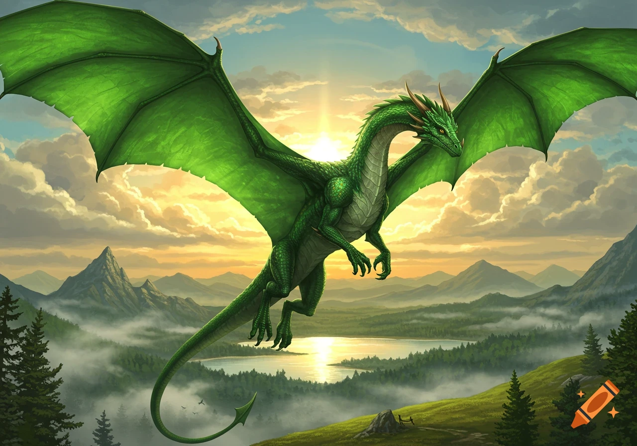 A vibrant green dragon with large wings soars over a misty mountain valley at sunset, with a lake reflecting the sun.