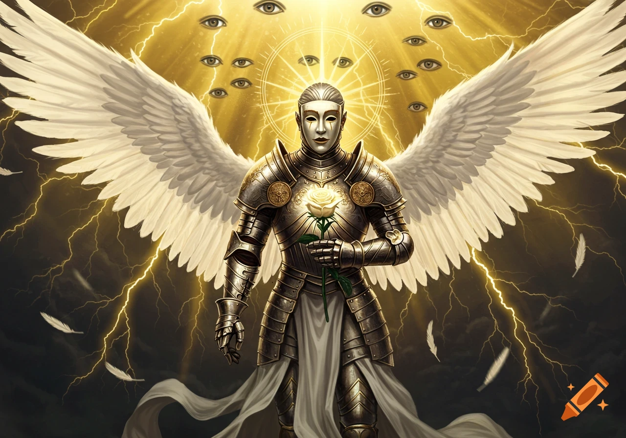 A white-winged angel in golden battle armor and a white mask holds a white rose, surrounded by many eyes and gold lightning.