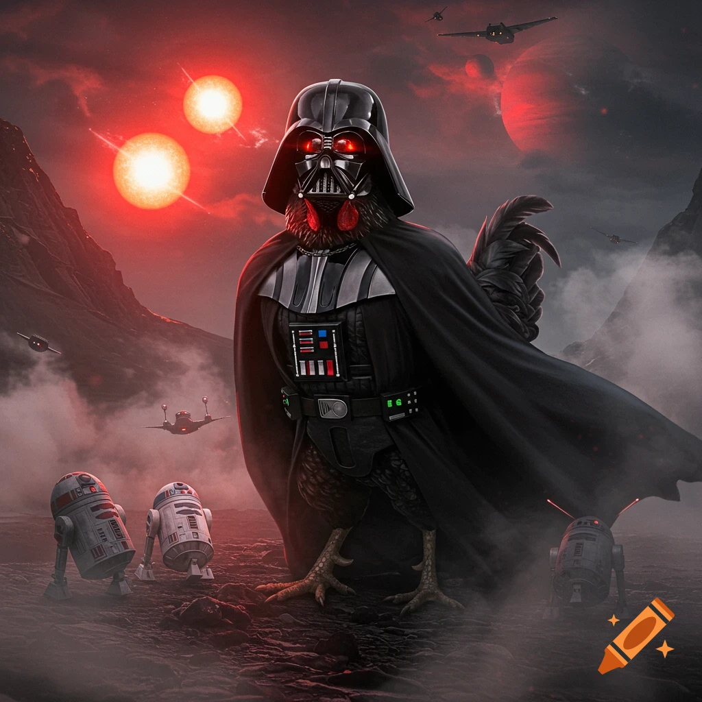 Photorealistic Darth Vader chicken on a red alien planet with two suns, spacecraft, and droids.