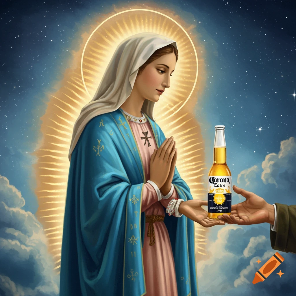 The Virgin Mary, glowing, hands a Corona Extra beer bottle to a reaching hand, set against a starry, cloudy sky.
