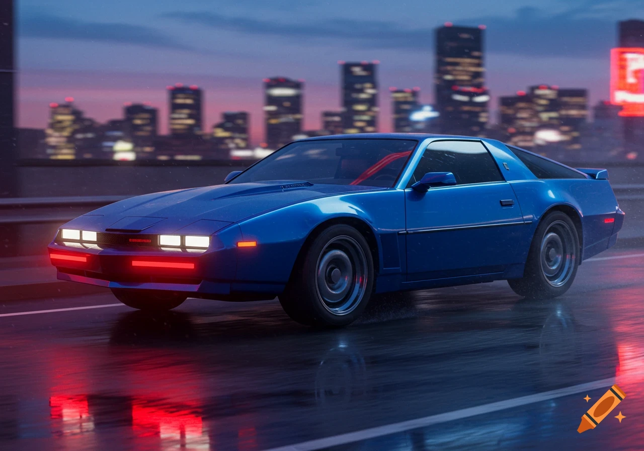 A sleek blue car, resembling a redesigned Knight Rider KITT, drives on a wet road at dusk with a neon-lit city skyline in the background, in a synthwave style.