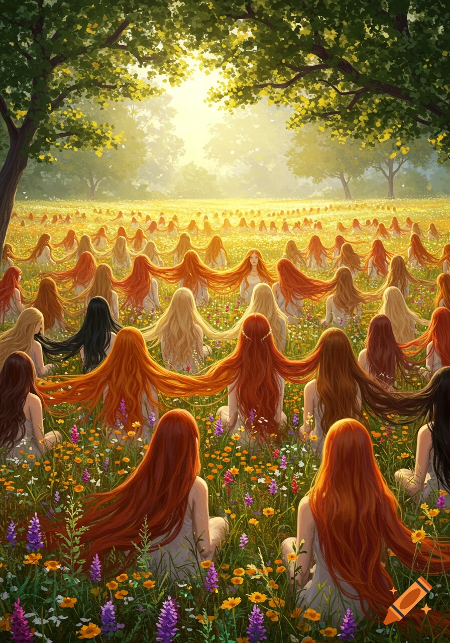 Many women with long, flowing hair of various colors sit in a vibrant meadow filled with flowers, under a bright, sunny sky.