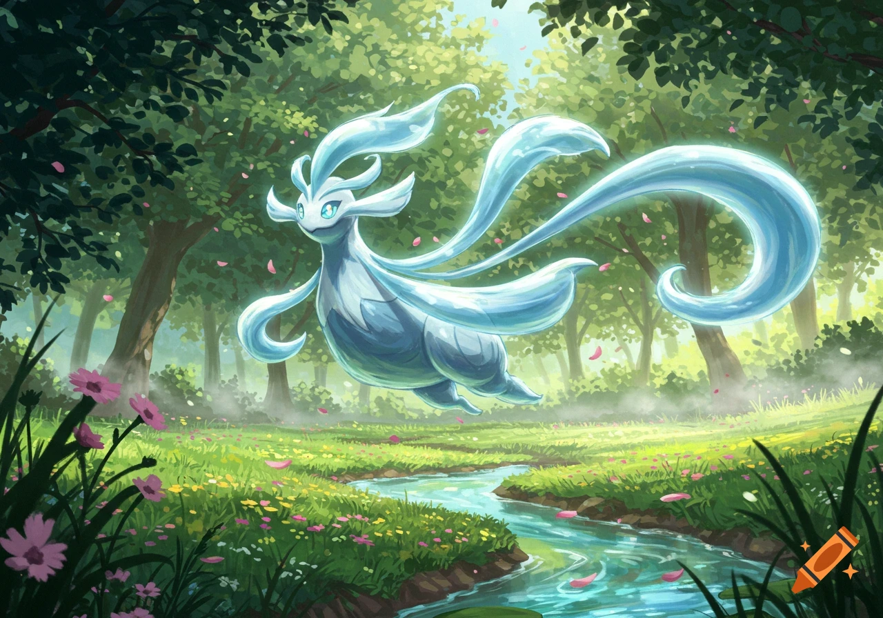 A glowing, light blue, wind-like Pokemon creature floats above a stream in a vibrant, sunlit forest.
