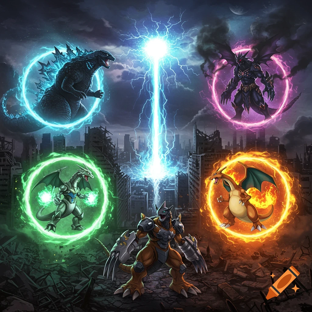 Five iconic monsters, including Godzilla and Charizard, engage in an epic crossover battle amid a destroyed cityscape, featuring bright energy.