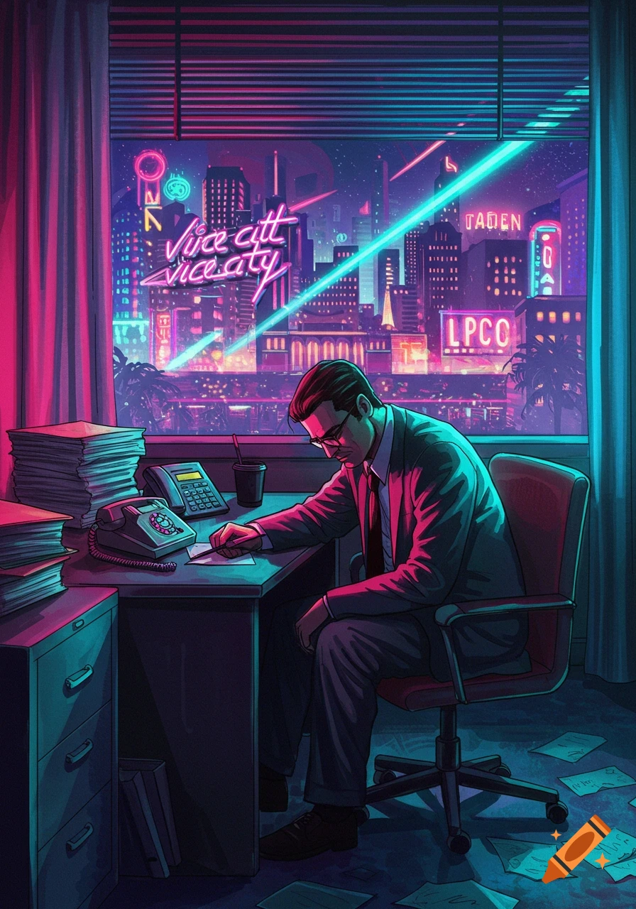 A man in a retro-futuristic office, bathed in pink and blue neon light from a bustling cityscape, writing at a desk.