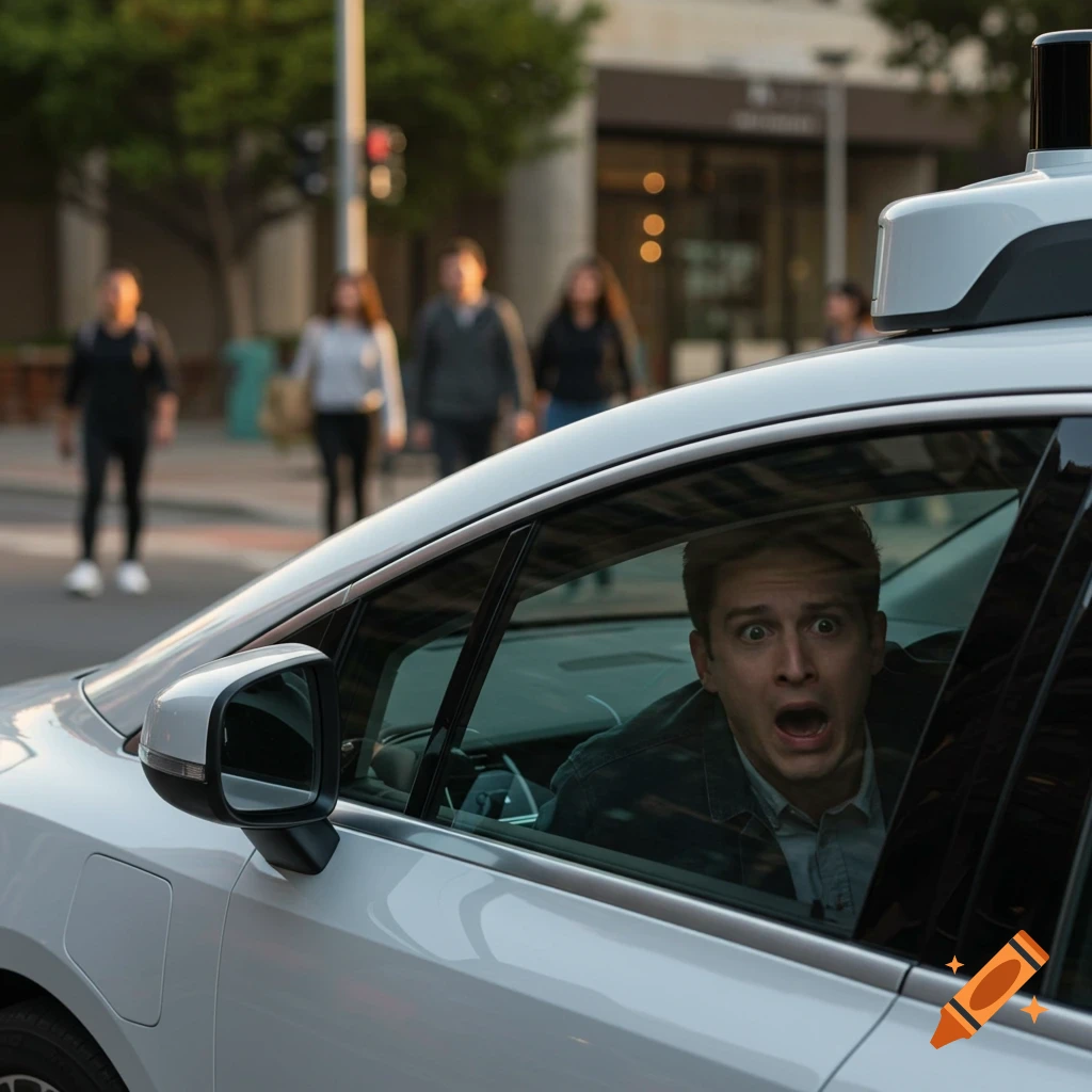 A man with a terrified expression screams out the window of a white self-driving car on a city street.