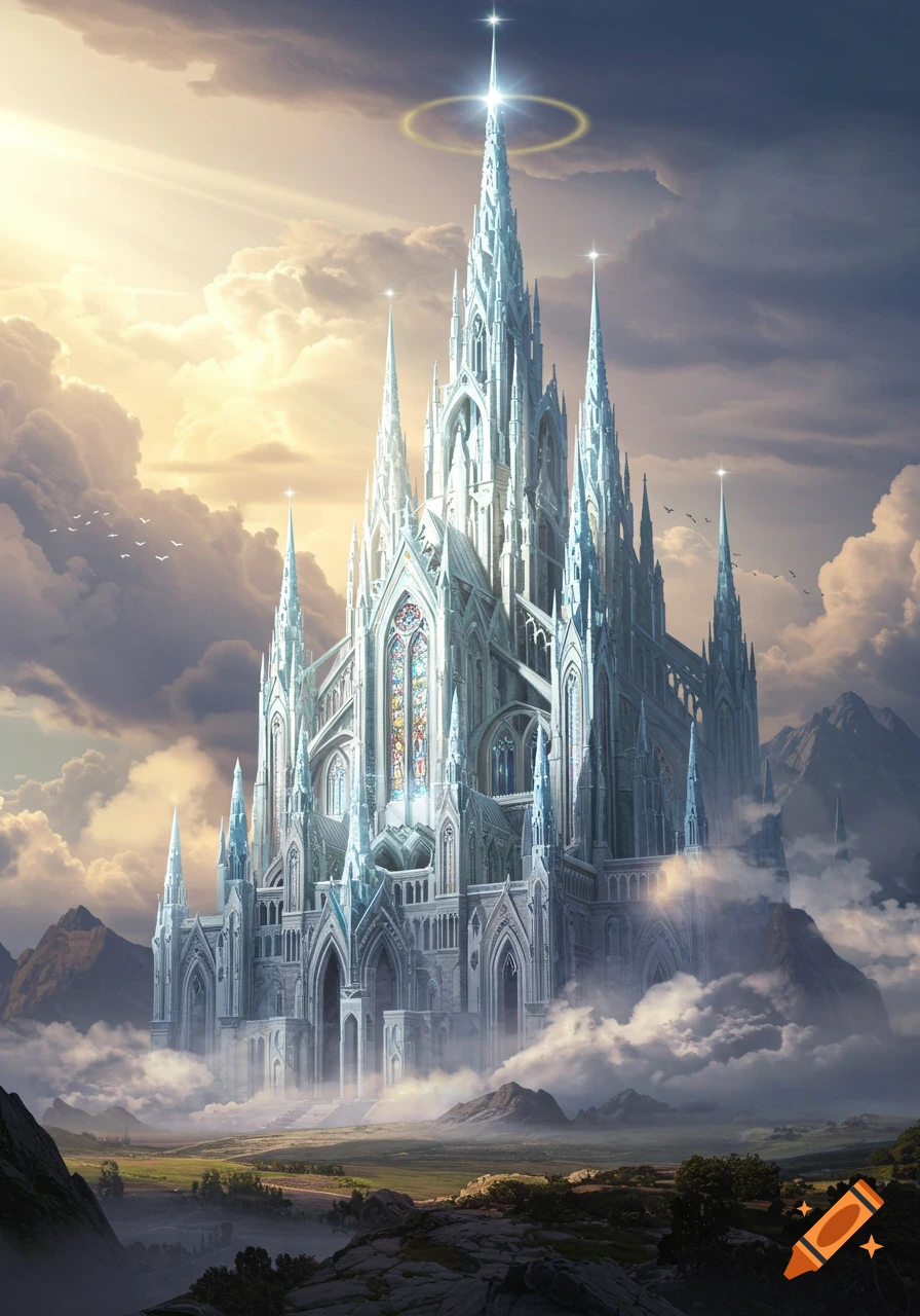 A majestic white and blue fantasy castle with towering spires bathed in sunlight and surrounded by glowing clouds, overlooking a green valley.