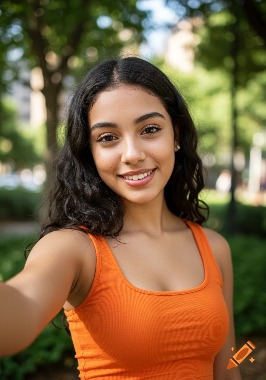 A young Hispanic woman with dark curly hair smiles while taking a selfie outdoors, wearing an orange tank top.