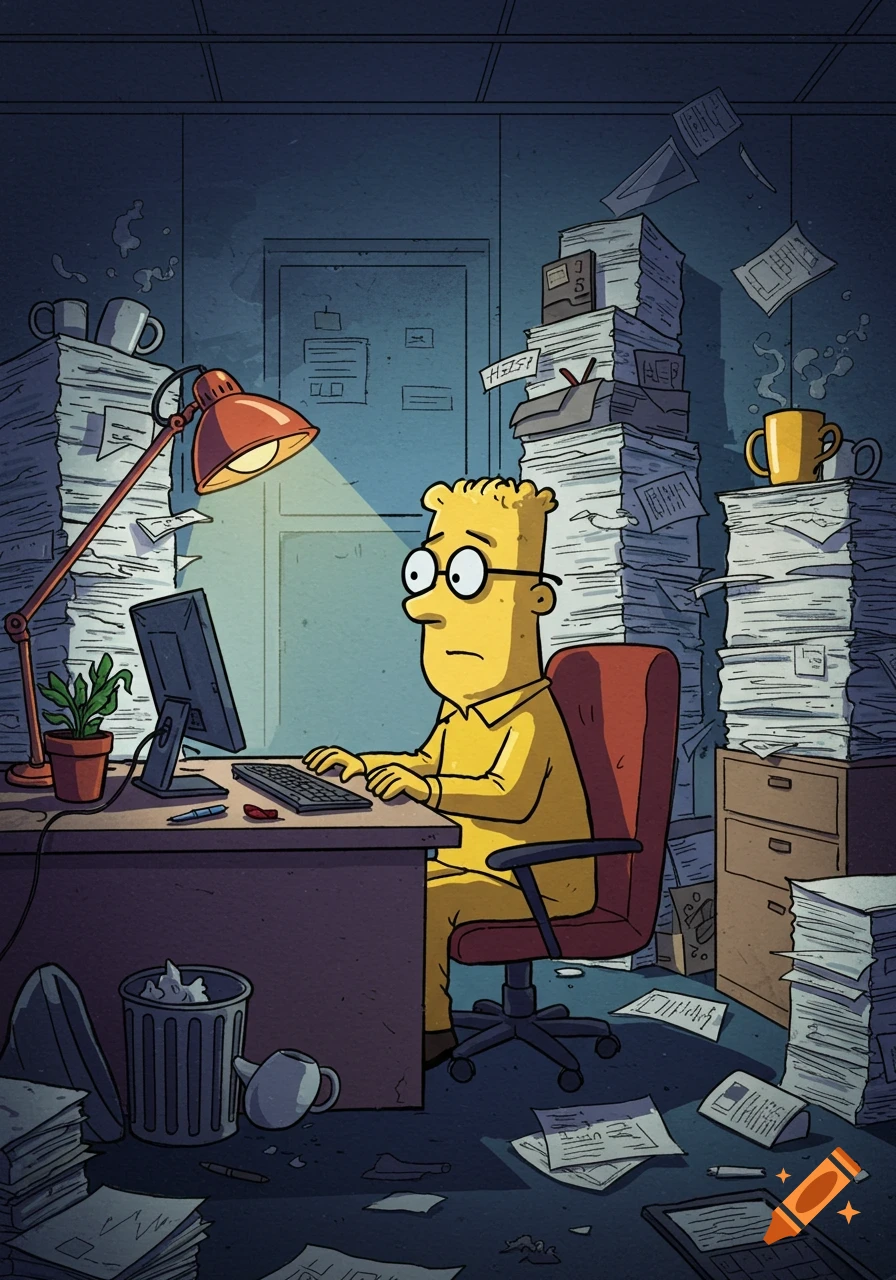 A yellow cartoon character resembling Dilbert sits at a desk, typing on a computer, surrounded by towering stacks of papers in a messy, dimly lit office.