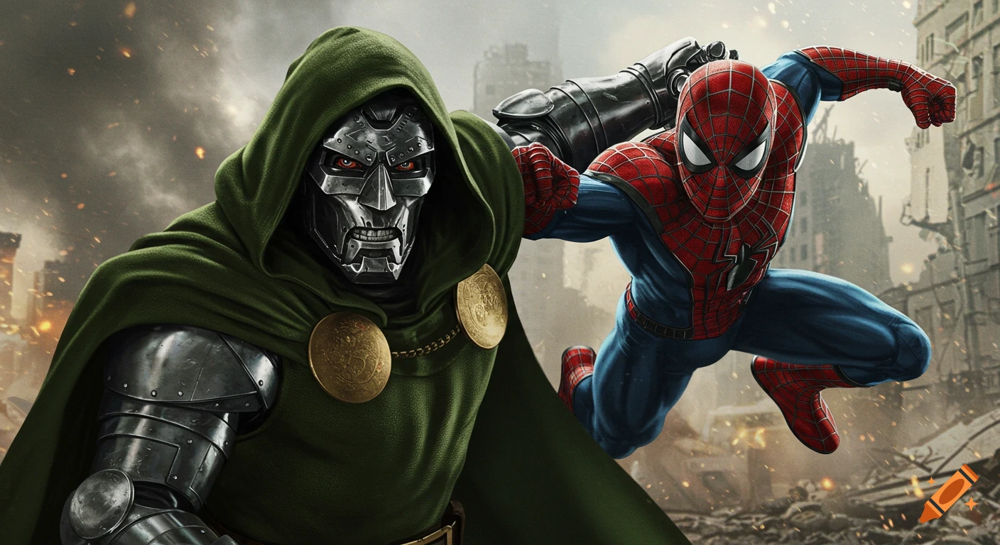 Dr. Doom in a green hooded cloak and metallic armor fights Spider-Man in a ruined city with a photorealistic, comic book art style.
