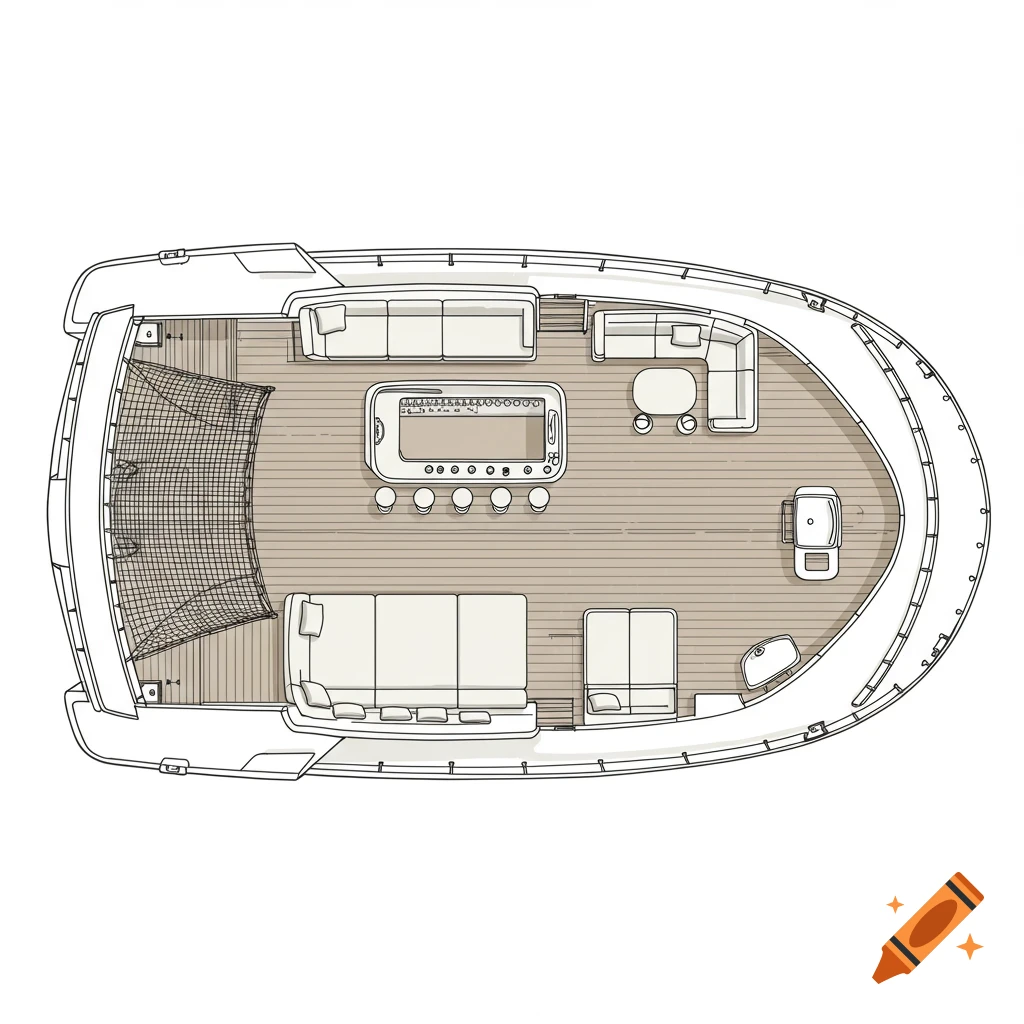Top-down vector blueprint layout of a yacht deck with a D-shaped bar, L-shaped sofa, grill, and front lounge net.