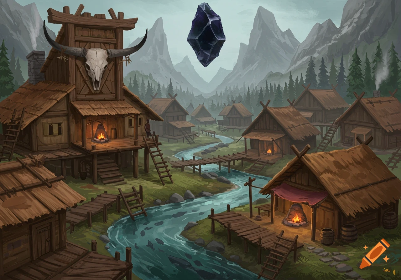 A fantasy village of wooden houses with thatched roofs, a river, and bridges, overlooked by jagged mountains and a floating obsidian shard.