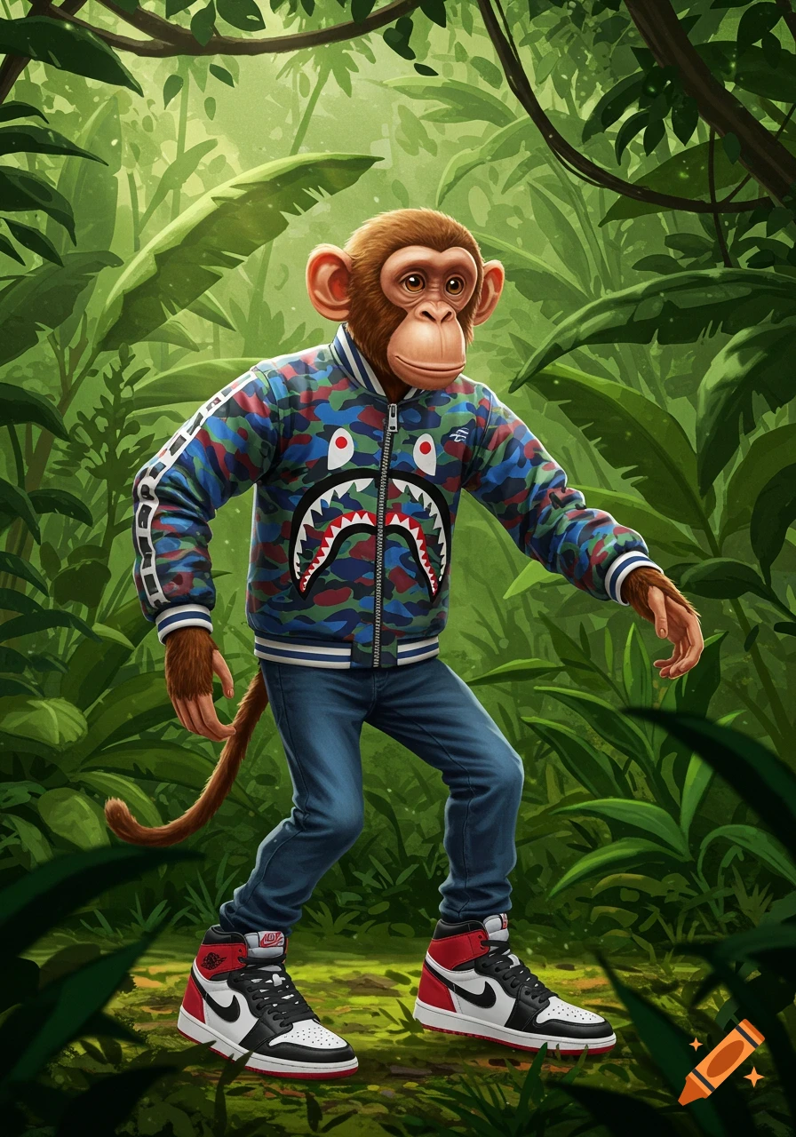 A stylized chimpanzee wearing a colorful Bape shark camo jacket, blue jeans, and red and black Nike Jordan 1 sneakers, standing in a lush green jungle.