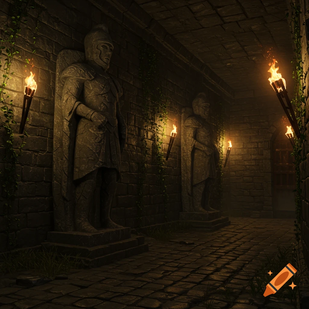 A dark, torch-lit dungeon corridor with two large ancient stone warrior statues on either side, covered in ivy.