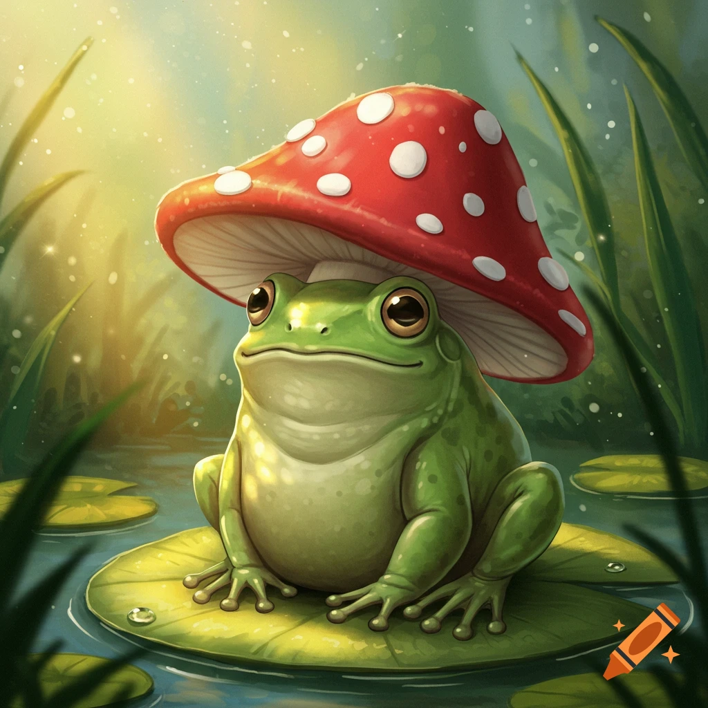 A cute green frog wearing a red and white spotted mushroom hat sits on a lily pad in a pond with tall grass.