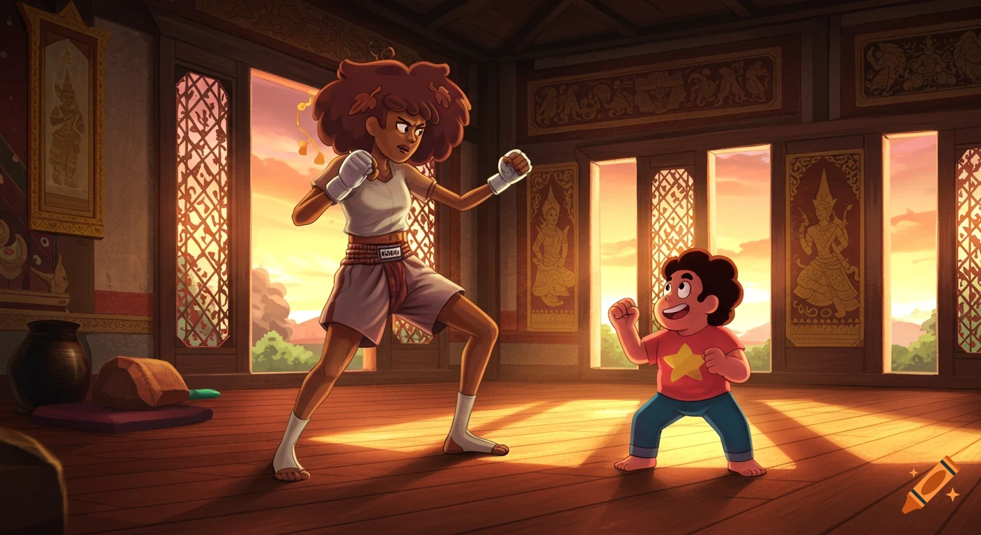 Cartoon characters Anne Boonchuy and Steven Universe practice Muay Thai in a dojo at sunset, bathed in warm light.