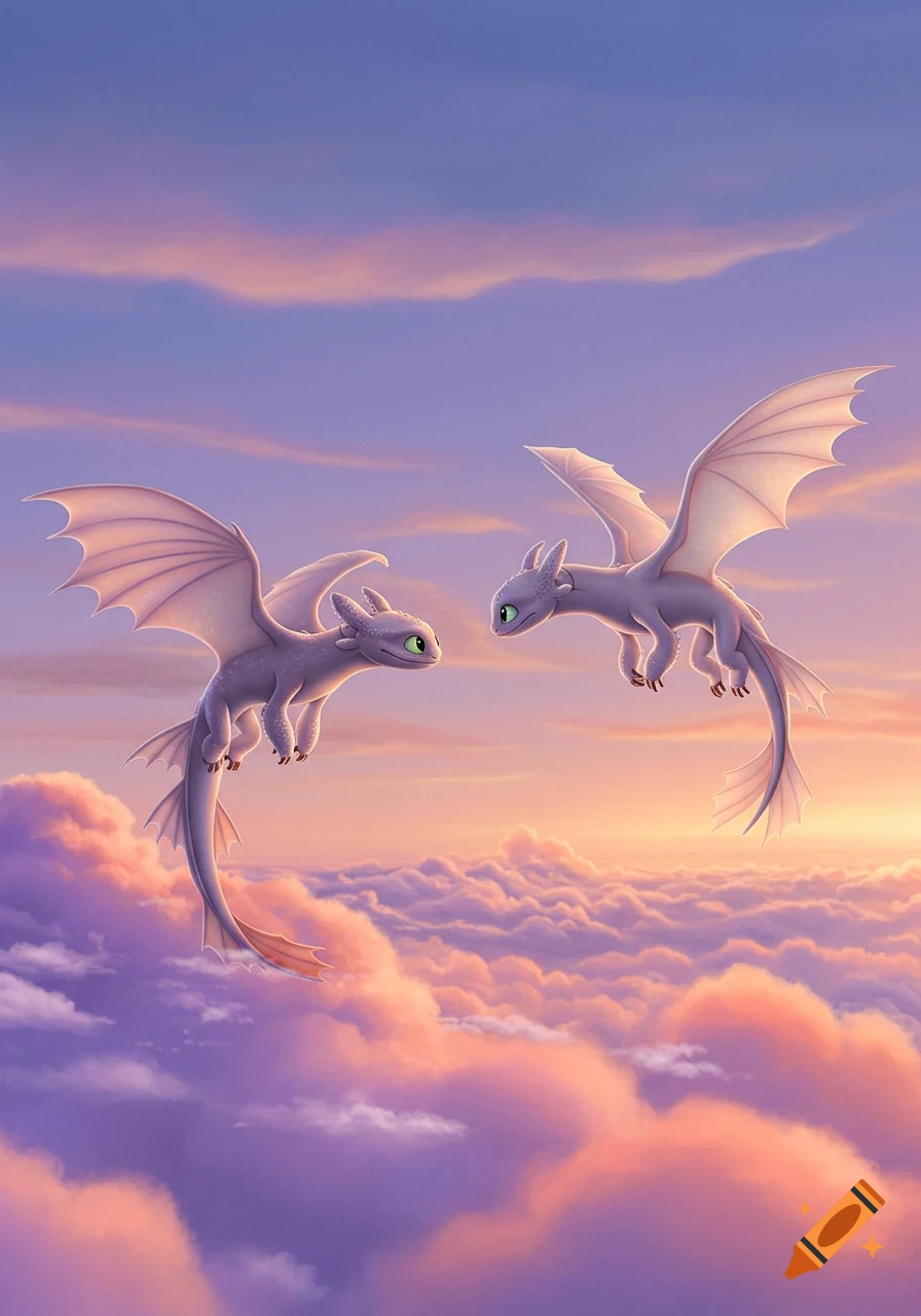 Two animated Light Fury dragons fly through a colorful sunset sky with pink and purple clouds.