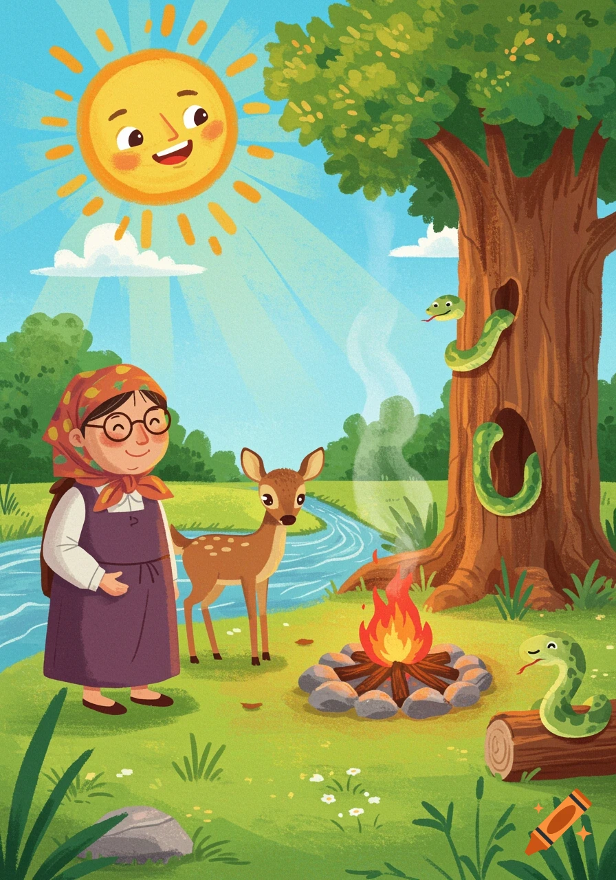 Children's illustration of an old woman, deer, campfire by a river, with snakes in a tree and a smiling sun.