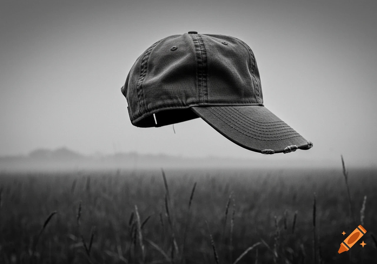 Black and white photo of a baseball cap floating in the wind above a grassy field with a foggy background.