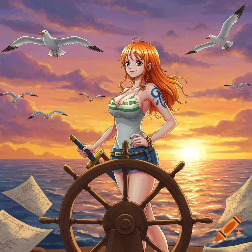 Anime character Nami stands at a ship's wheel, holding a sword, with seagulls flying over a vibrant sunset ocean.