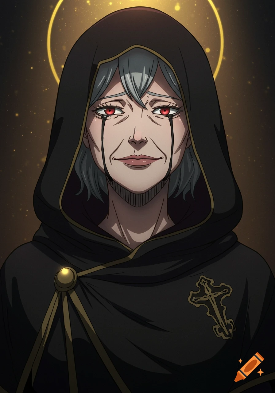 Anime portrait of an older woman with grey hair, red eyes, and black tears, wearing a hooded black robe with a golden cross.