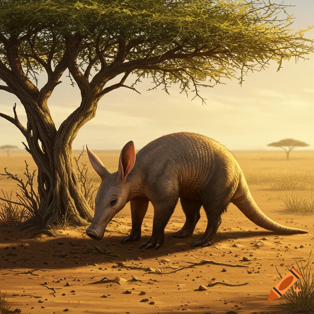 A realistic aardvark with large ears foraging on dry, sandy ground under a tree in a sunlit savanna.