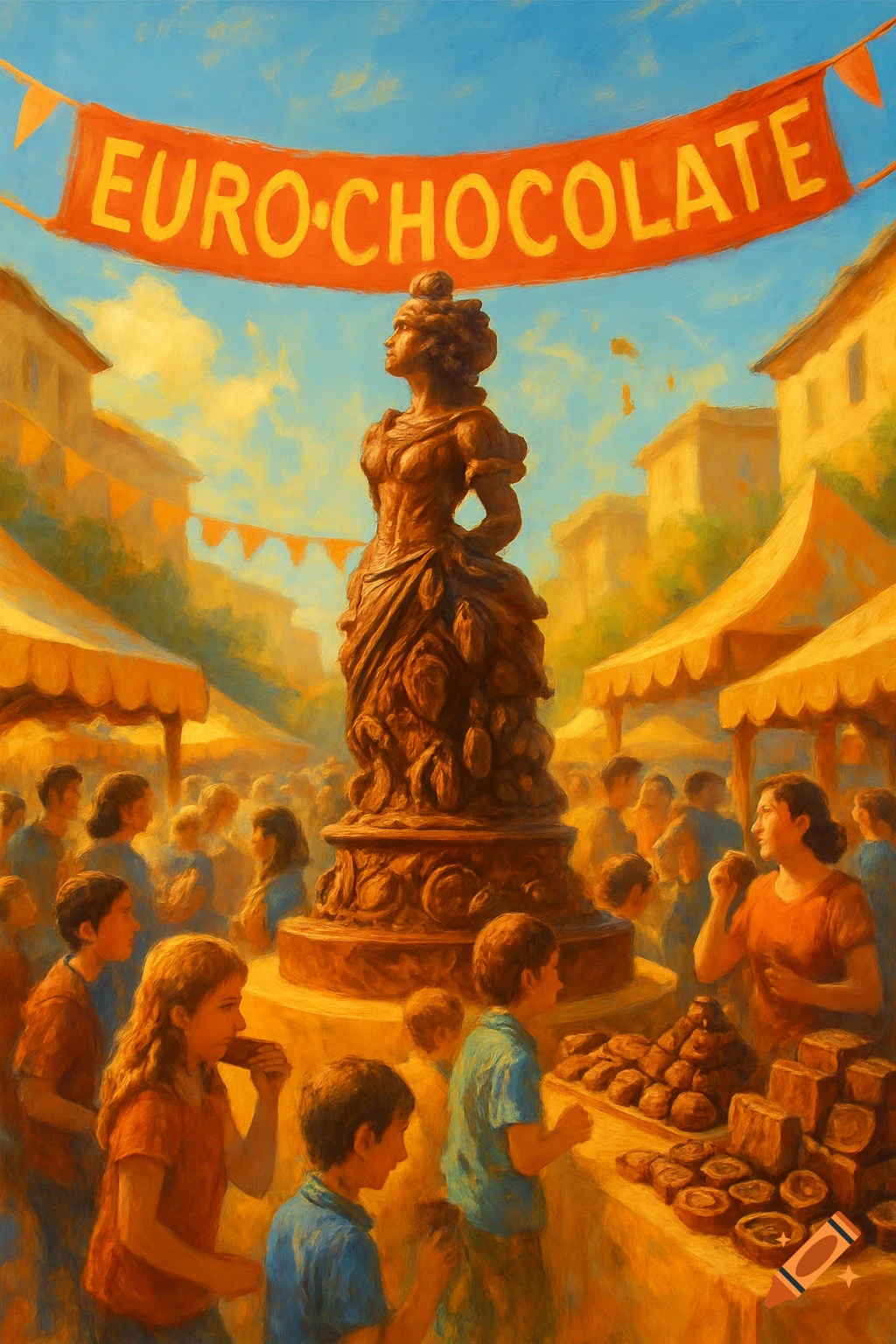 Painterly scene of a lively Euro Chocolate festival with a towering chocolate sculpture of a woman, a banner, and people enjoying treats amidst market stalls.