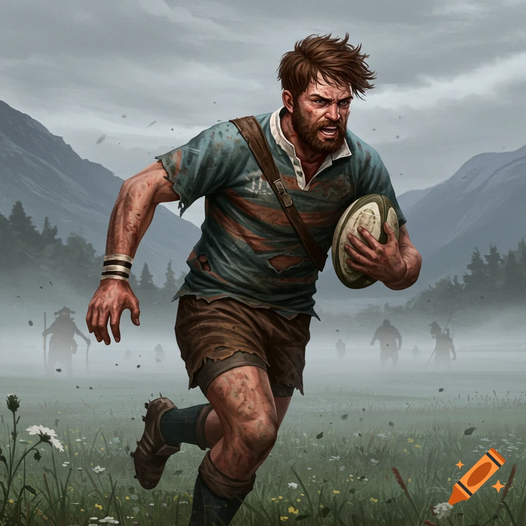 A rugged, bearded rugby player runs through a misty field with a ball, mountains in the background, in a detailed illustration.