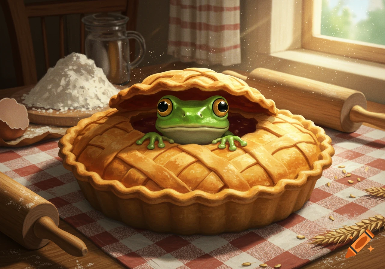 A cute green frog peeks out of a golden lattice-top pie on a kitchen counter with baking ingredients like flour and rolling pins.