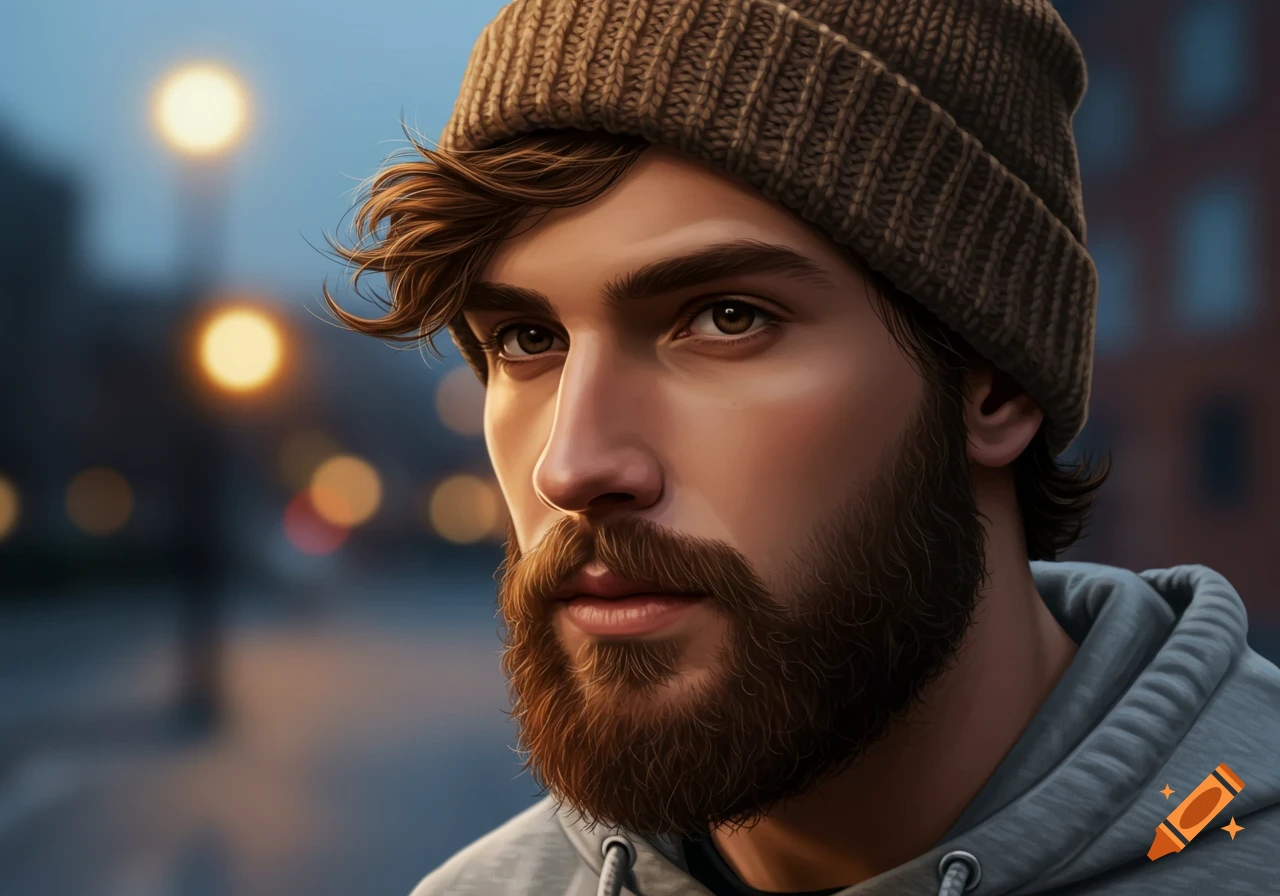 Digital art portrait of a young man with a full brown beard, wavy hair, brown beanie, and grey hoodie, looking to the side.