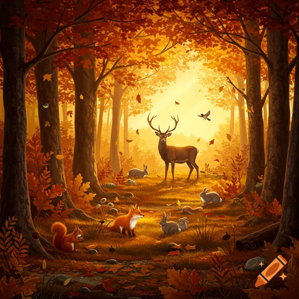 A vibrant autumn forest scene with a majestic deer, fox, rabbits, and a squirrel among colorful fall foliage and sunlit trees.