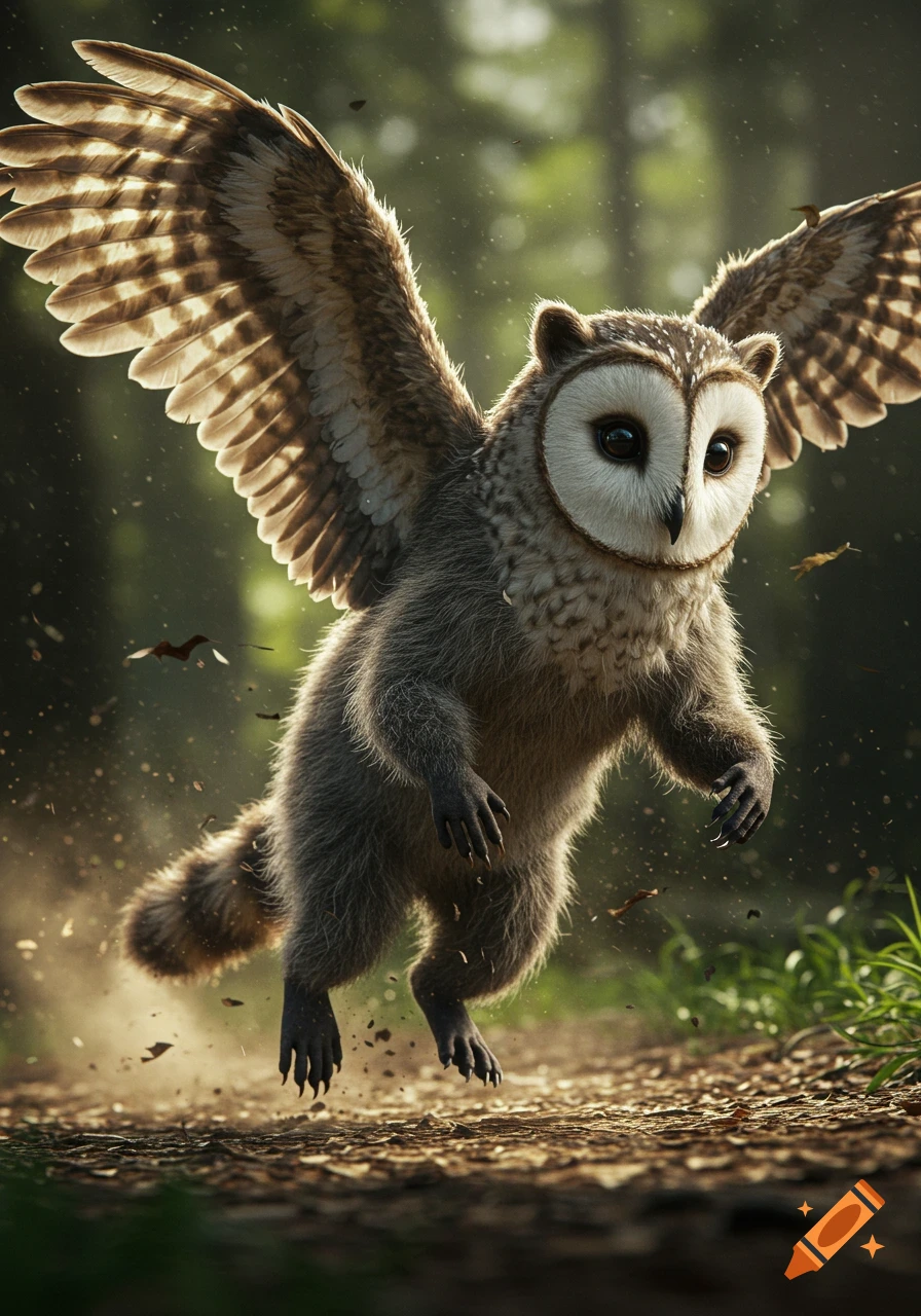 A hyper-realistic owl-raccoon hybrid creature with wings leaps through a sunlit forest, kicking up dust and leaves.