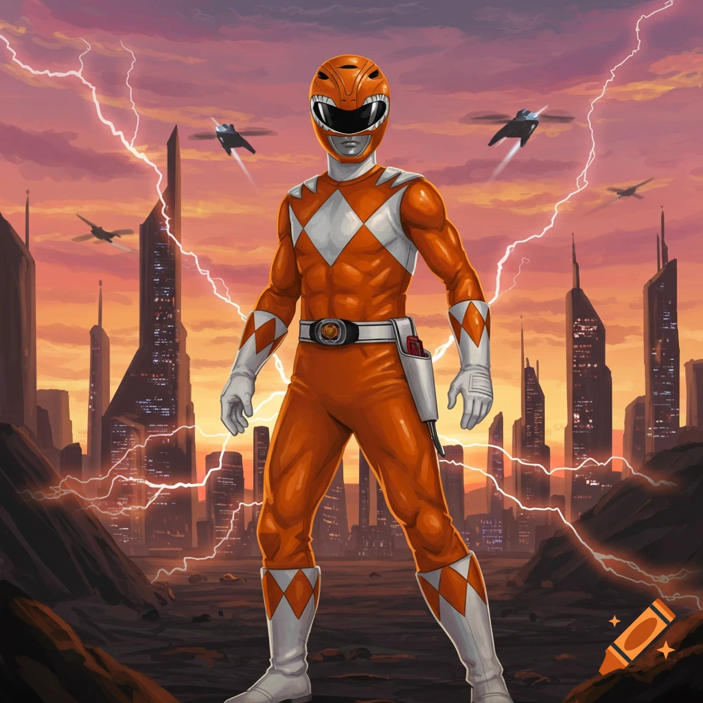 An orange Power Ranger stands in a futuristic city at sunset with lightning and flying vehicles in an illustrative style.