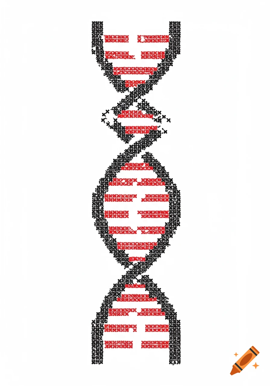 A minimalist DNA double helix in black and red cross-stitch 'x' patterns on a white background.