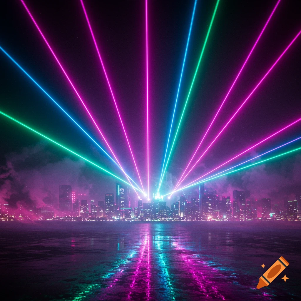 Vibrant green, blue, and pink laser beams shine into the night sky from a futuristic city skyline, reflecting on the water.