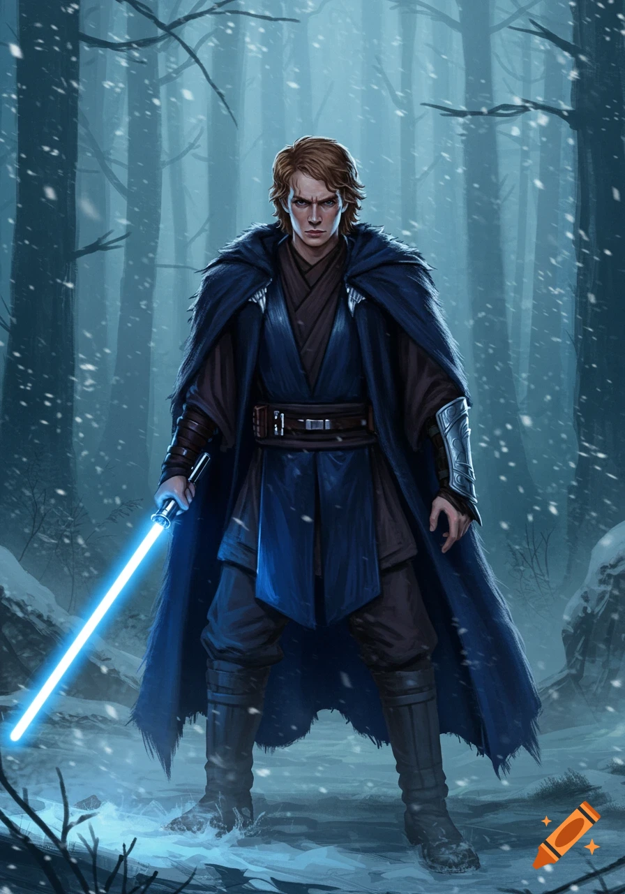 Anakin Skywalker in a blue hooded cloak and Jedi robes holds a glowing blue lightsaber in a snowy forest.