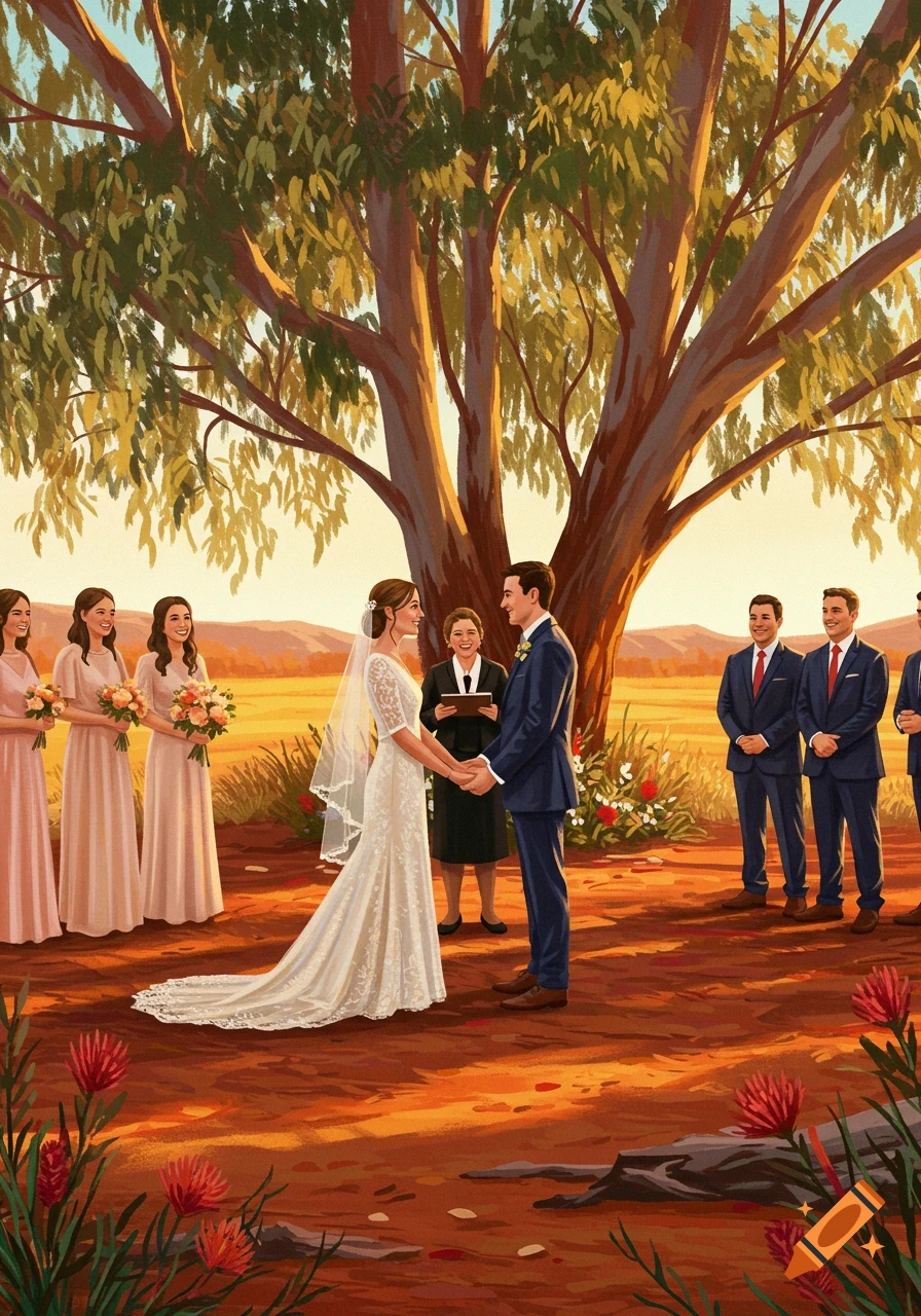 An illustration of an outdoor wedding ceremony under a large tree in a warm, stylized Australian landscape, with a bride, groom, and wedding party.