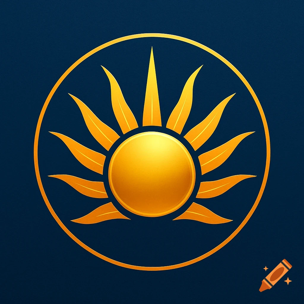 A stylized golden sun symbol with flame-like rays inside a golden circle on a dark blue background.