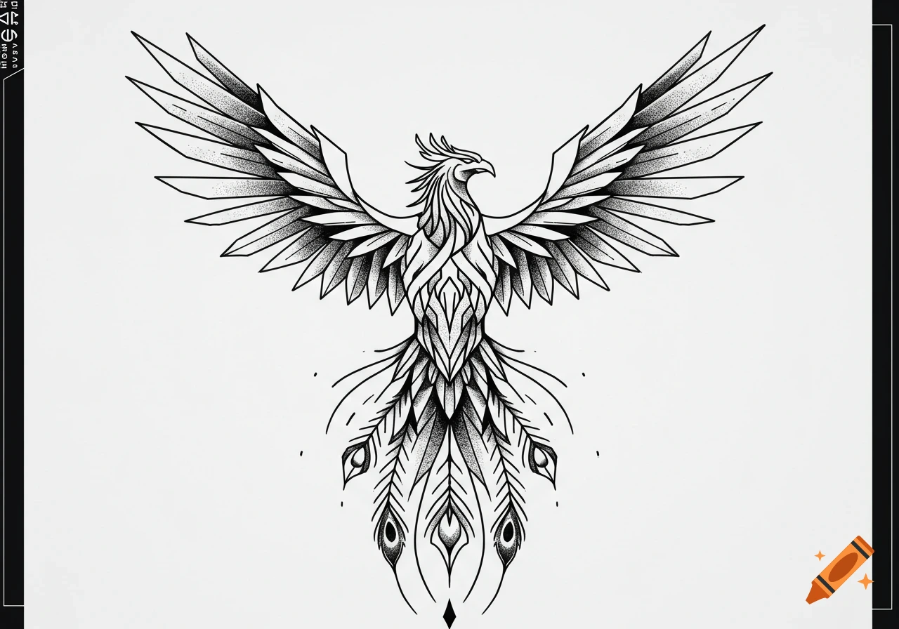 A black and white geometric phoenix tattoo design with outstretched wings and detailed tail feathers.