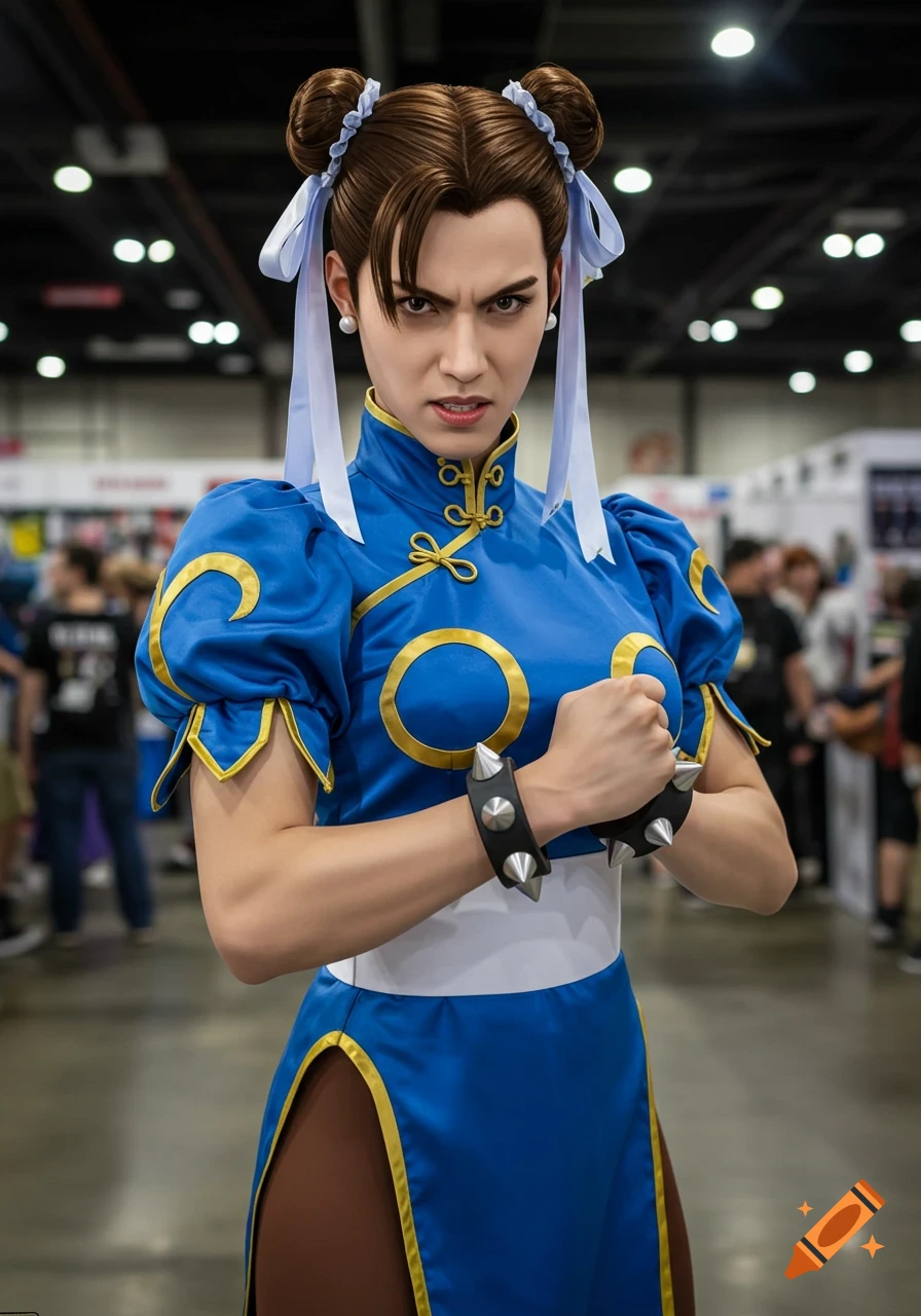 Photorealistic cosplay of Chun Li with an angry face and clenched fists at a convention.