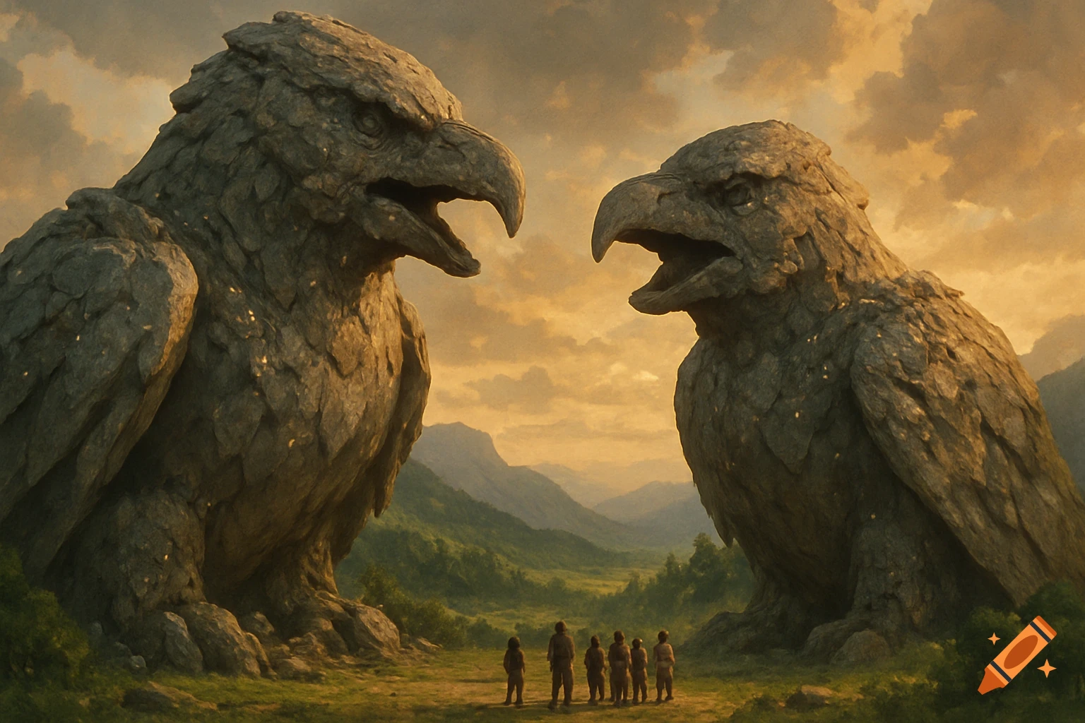 A group of tiny humans stand before two colossal stone eagle statues in a lush, mountainous valley at sunset.
