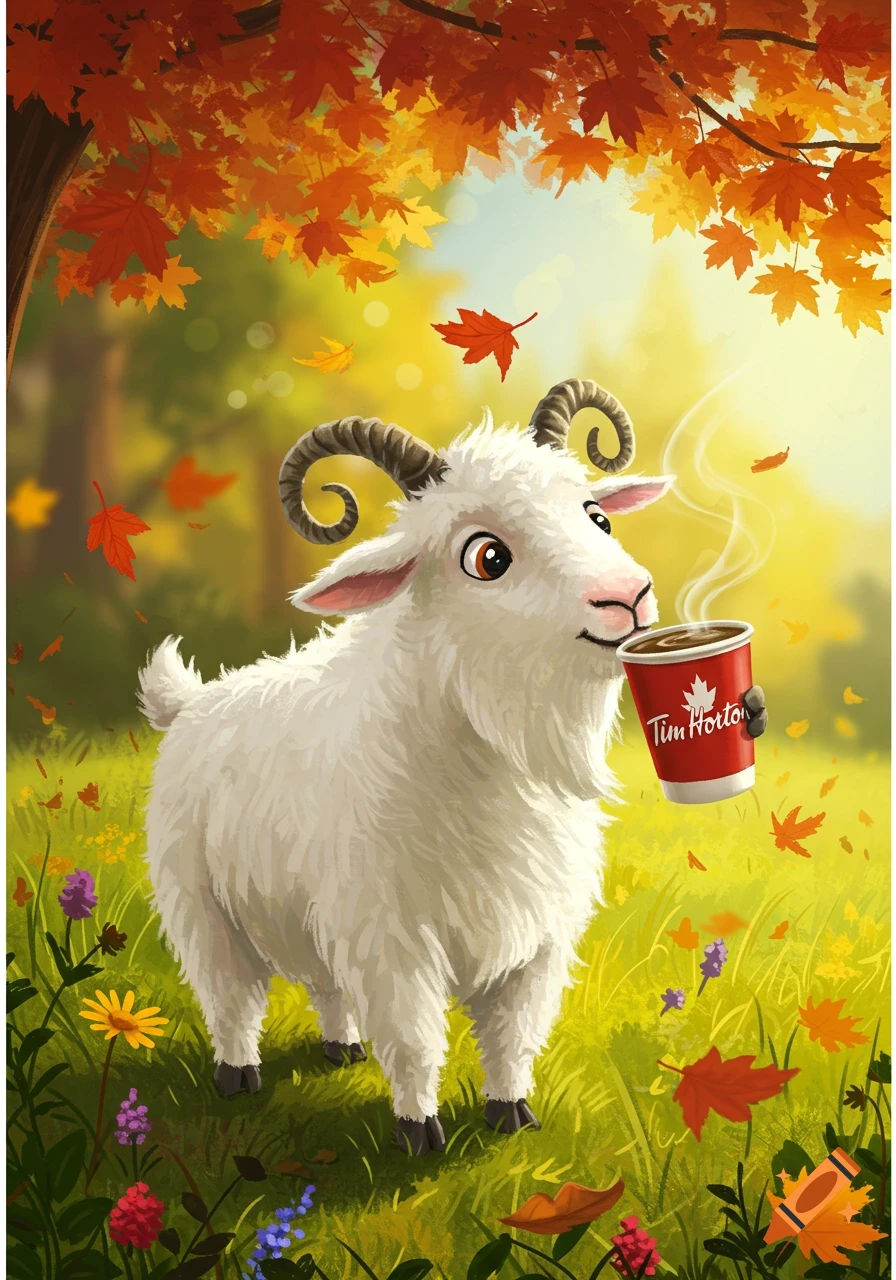A cartoon goat happily drinks coffee from a Tim Hortons cup in an autumn forest with falling red and orange leaves.